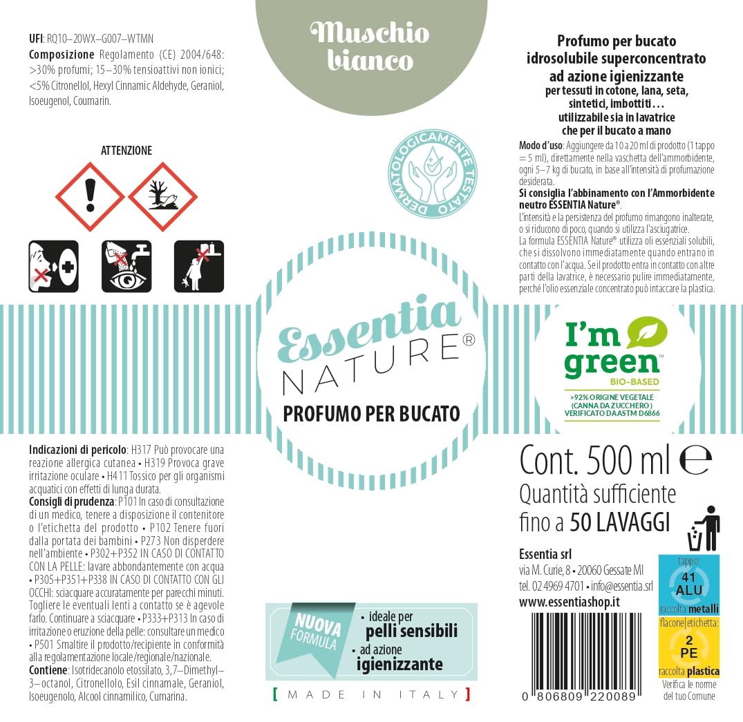 ESSENTIA Profumo per Bucato con Igienizzante, Essenza Profuma Bucato, Profumatore Bucato per Lavatrice con Estratti di Oli Essenziali Naturali (Muschio Bianco, 500 ml, confezione da 1)