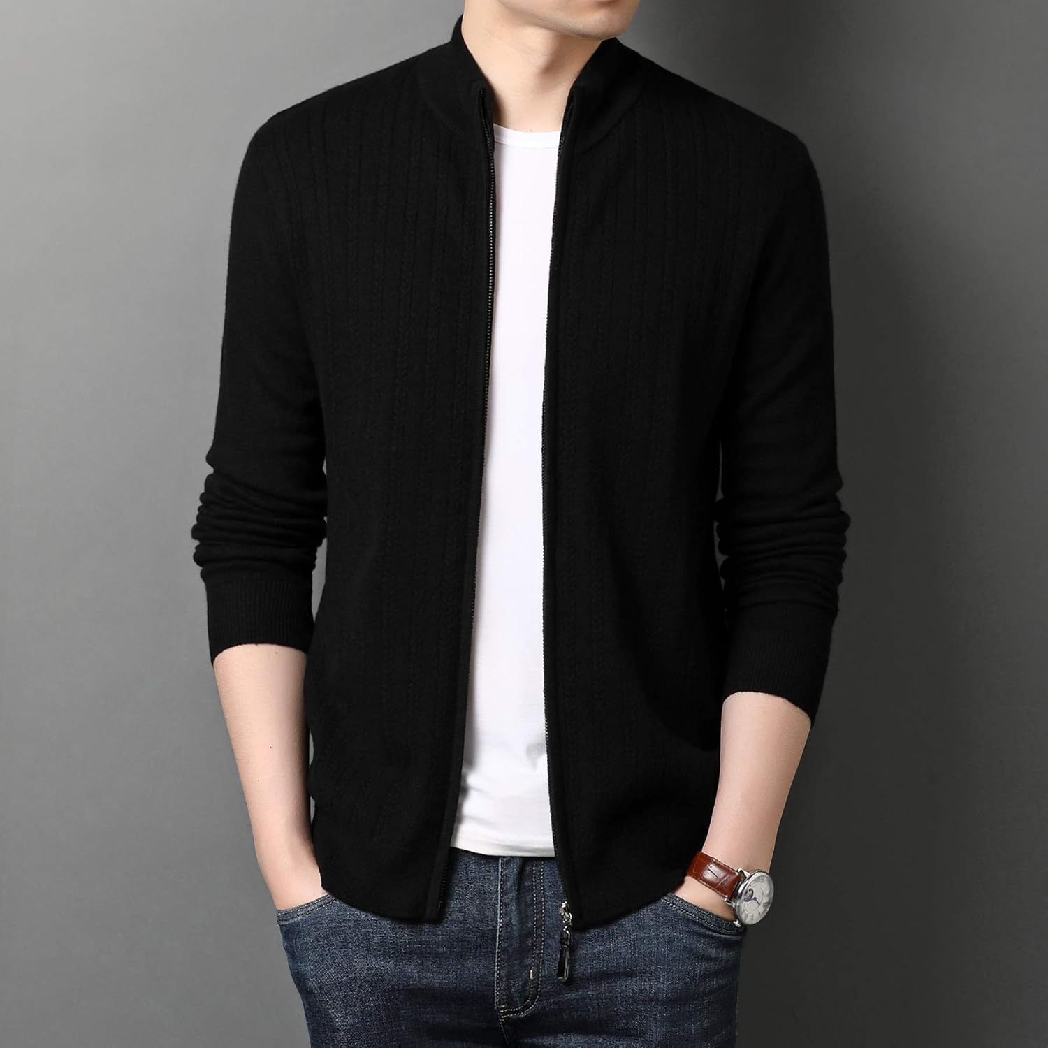 [Ningmengfeng] ニットカーディガン メンズ 100%ウール ジップアップ ハイネック トップス カジュアル ジャケット 無地 通勤 秋冬春 ブラックL
