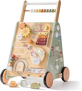 Wooden Baby Walker for Toddlers, 8-in-1 Multifunctional Push Along Toy with Activity Center, Large Storage Space, Height & Speed Control, Educational Learning Walker for Boys & Girls 10M+