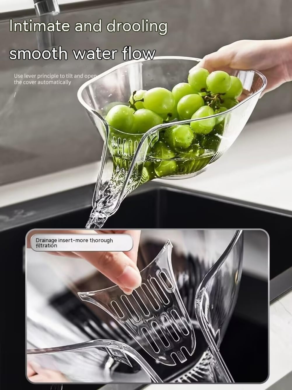 2PCS Multi-functional Drain Basket, Drainage Basket Funnel, Multifunctional Fruits Vegetables Draining Bowl Washing Colander Kitchen Food Strainer (grey)