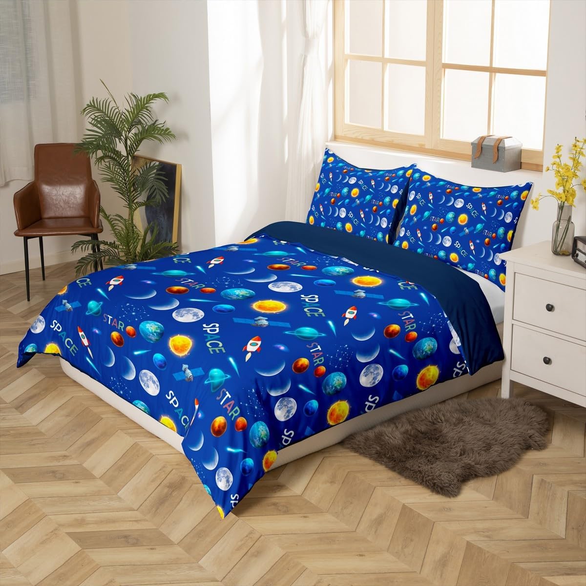 Homewish Universe Planet Bedding Set Toddler Size,Space Stars Galaxy Duvet Cover Set 2Pcs for Kids Boys Teens Room Decor,Spacecraft Rocket Comforter Cover Sun Moon Navy Blue Quilt Cover,1 Pillowcase