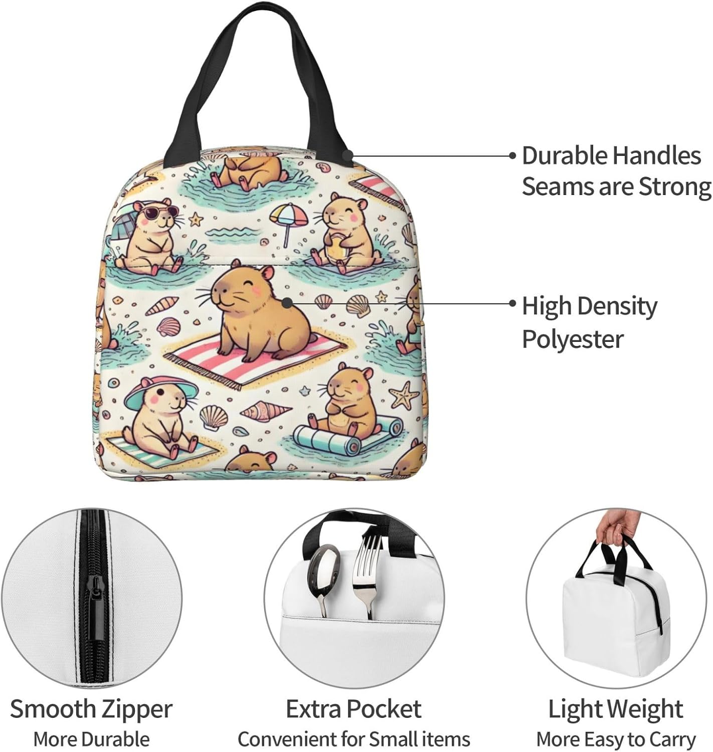 Capybara Lunch Bag Capybara Print Fashion Cute Large Capacity Lunch Bag With Handle Reusable Insulated for Both Men And Women - Image 6