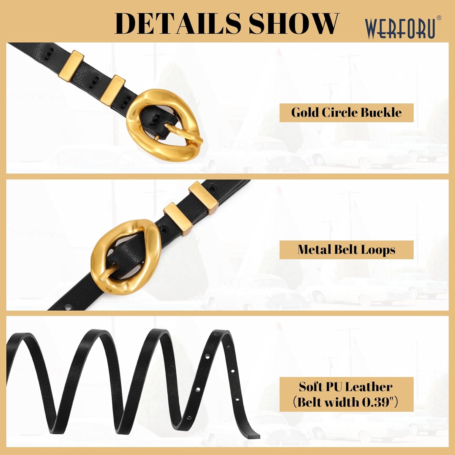 WERFORU 2 Pack Women Skinny Belts for Jeans Dress Thin Belts for Women with Gold Buckle 0.39" Width - Image 4