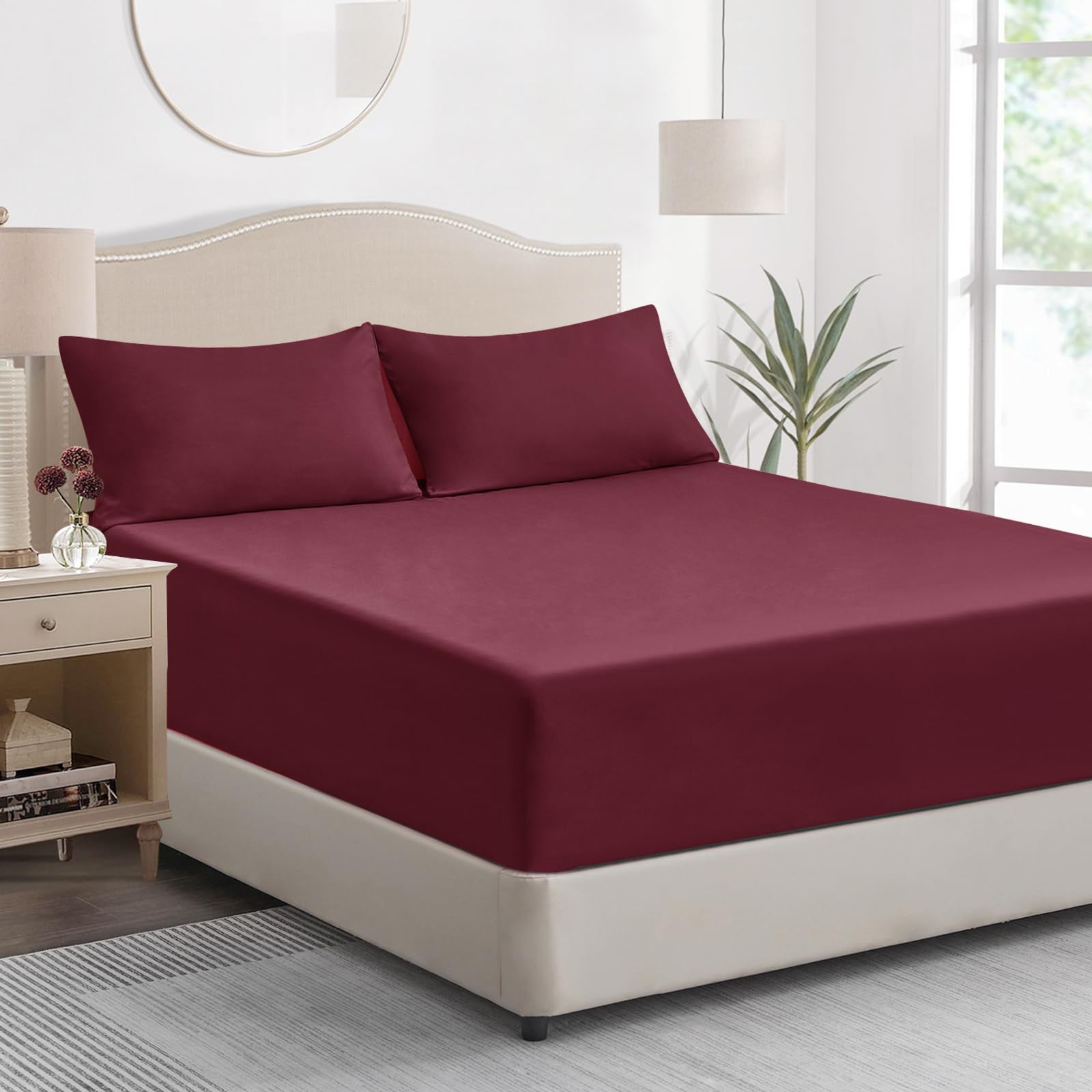 Tifschlaf Double Fitted Sheet Deep - Burgundy Bed Sheet Extra Deep Pocket 16 inch (40 cm), Soft Brushed Microfiber Mattress Bottom Bedding Sheet Red, 135x190cm — image 1