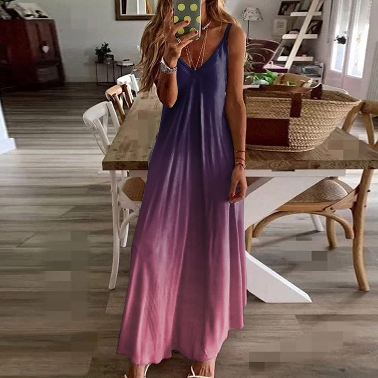 Skang Sommerkleid Damen - Gradient Print Ärmellos - Langes Strandkleid Mit V-Ausschnitt