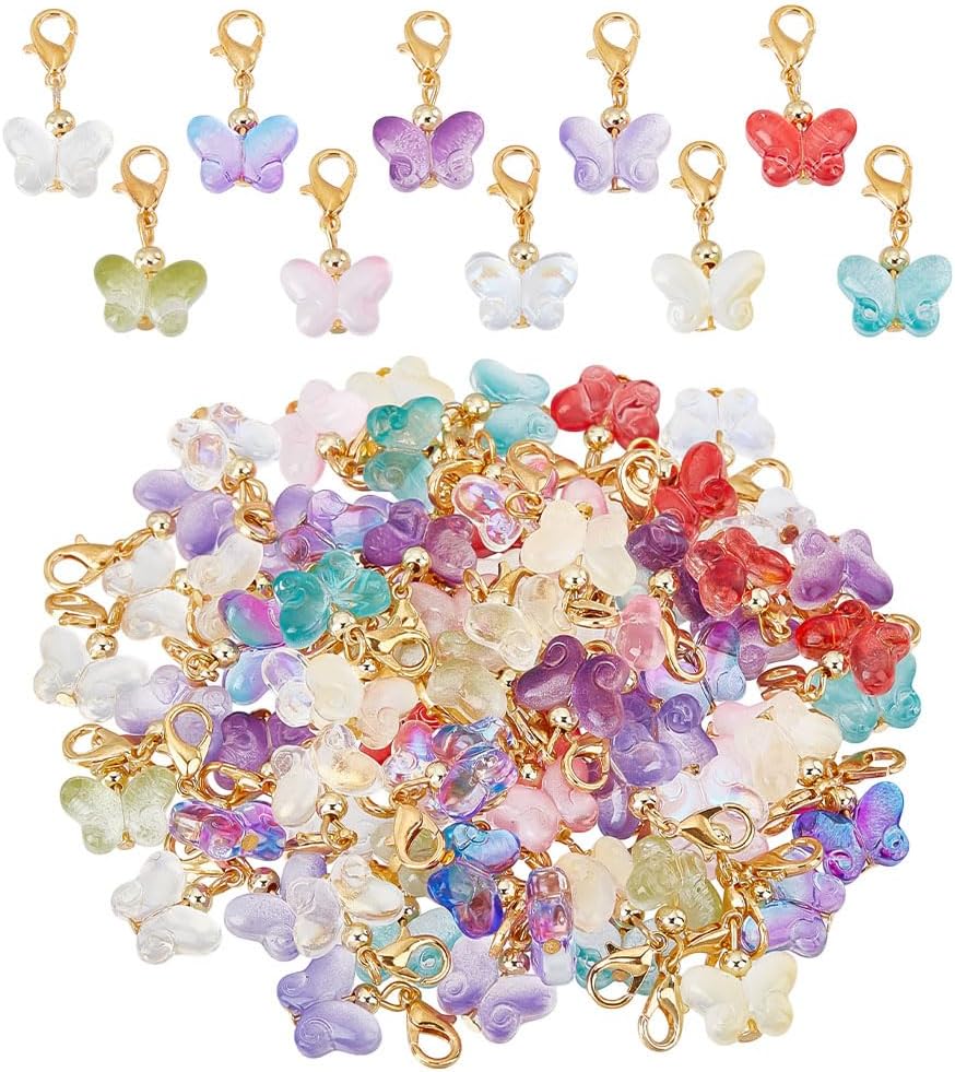 80Pcs Stitch Marker Charms Glass Butterfly Charms Clip-on Butterfly Charm Crystal Charm with Lobster Clasps for Bracelets Necklace Jewelry Making