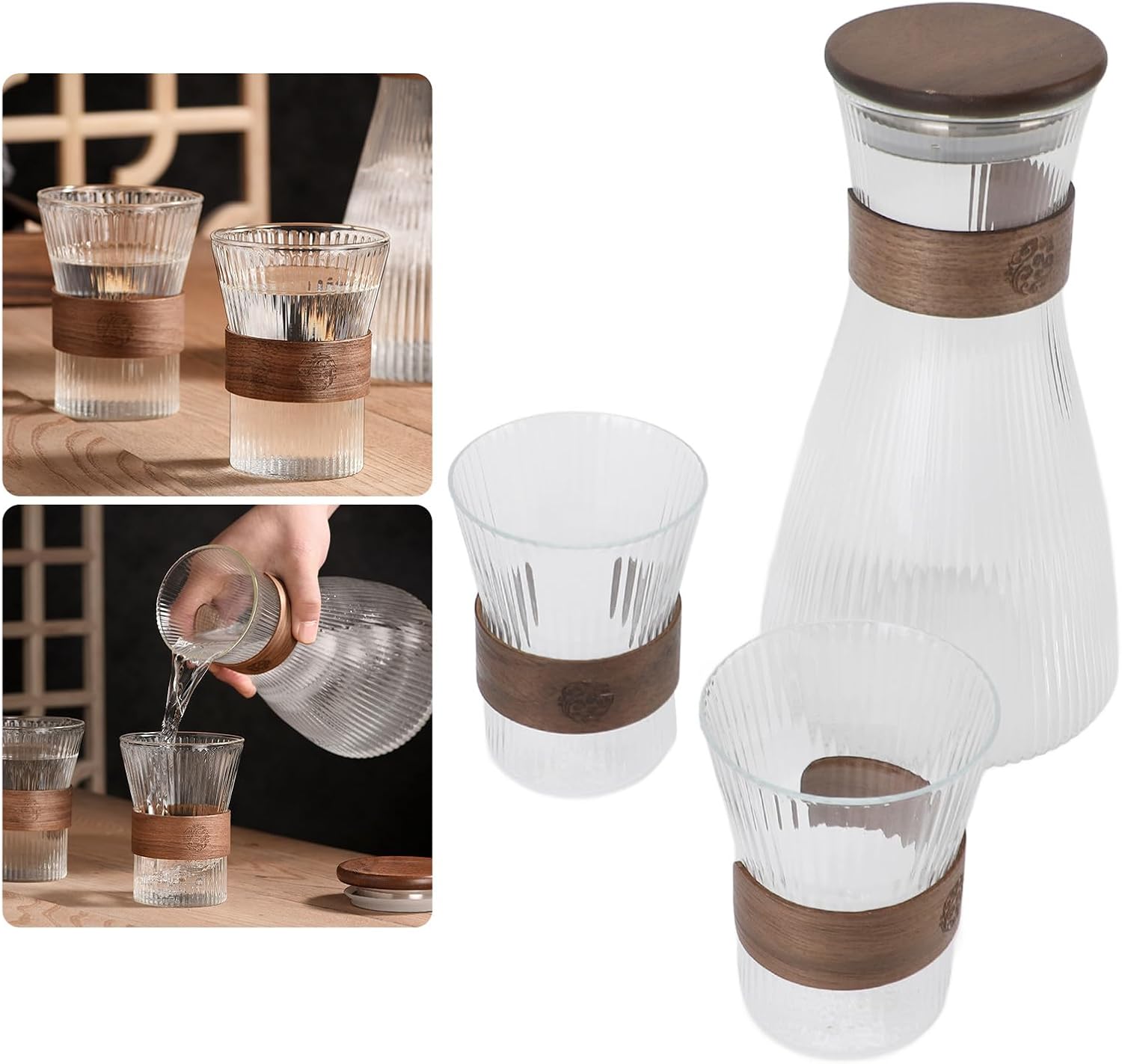 Bedside Water Carafe Set With Tumbler, 1600ml Nightstand Water Pitcher with Cup Lid and 2 300ml Glass Cup Set for Kitchen, Bedroom or Bathroom