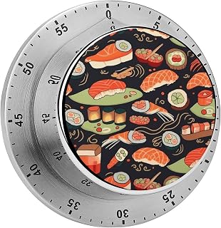 Kitchen Cooking Timer Stainless Steel 60 Minute Countdown Timer Mechanical Timer Japanese Sushi Shrimp Printed Timer Suitable for Cooking Fitness Baking