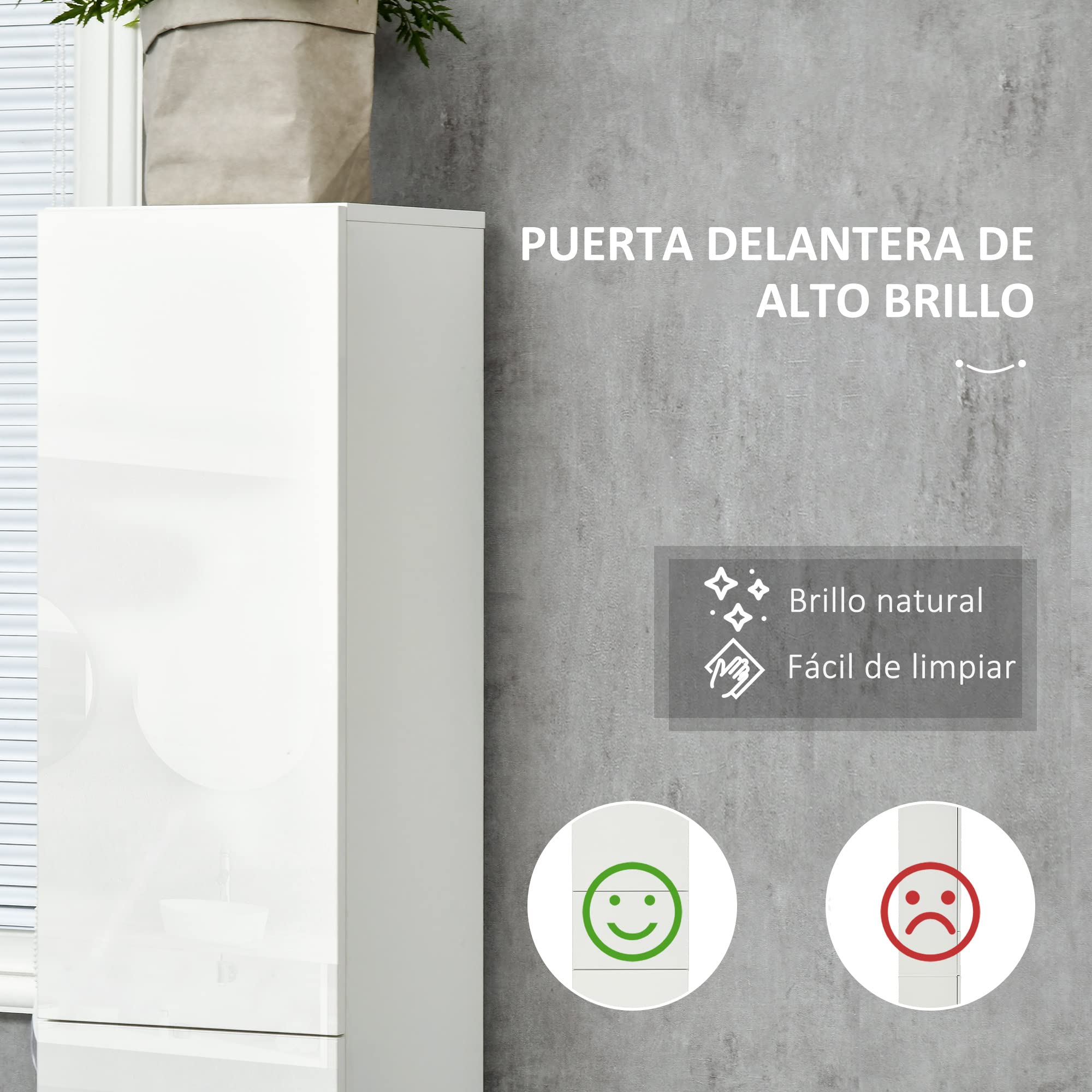 kleankin Armario Alto de Baño 1 Cajón Moderno 30x28x170 cm Blanco Brillo | 5 Estantes Abiertos, Columna Auxiliar de Baño,para Salón Aseo Dormitorio