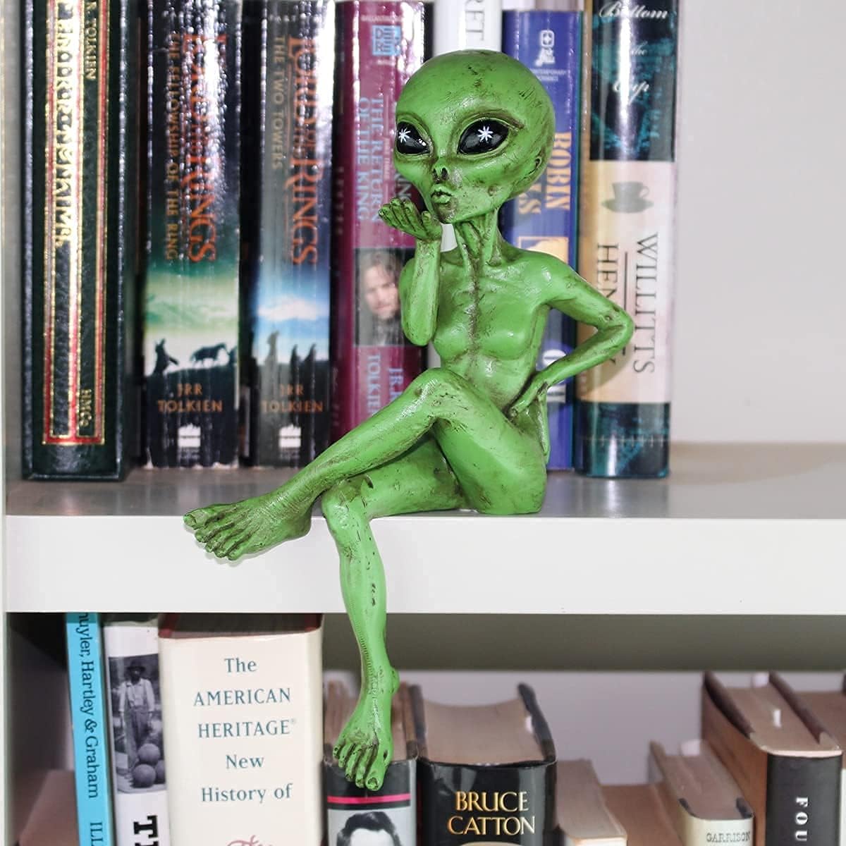 John Bernard & Company Female Alien Statue “The Flirty” 10” H Shelf Sitter Extraterrestrial Figurine Funny Home or Garden Decoration (Cosmic Green)