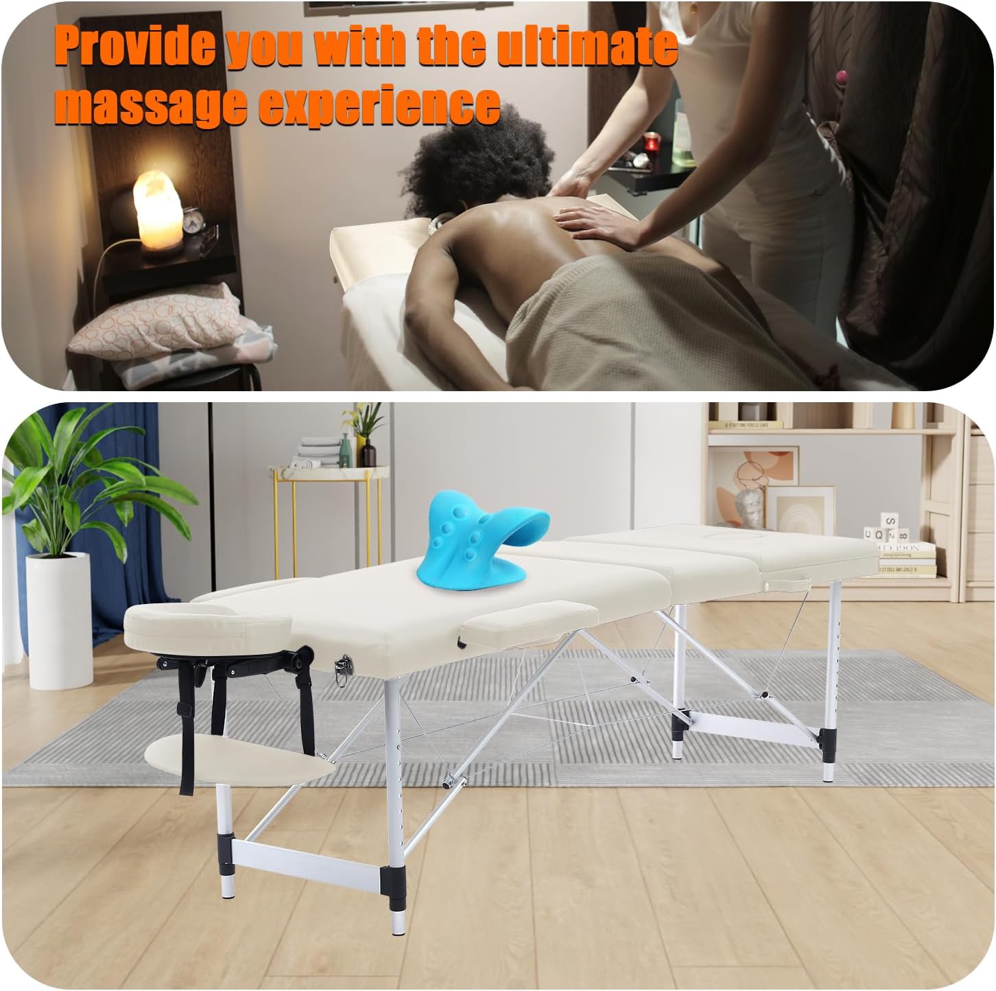 Gaussen Portable Massage Table,84 Inch Massage Tables Portable with Neck Stretcher 3 Fold Adjustable Height Lash Bed Massage Bed Tattoo Table for Eyelash Tattoo Spa (Aluminum, Cream-3 Fold)