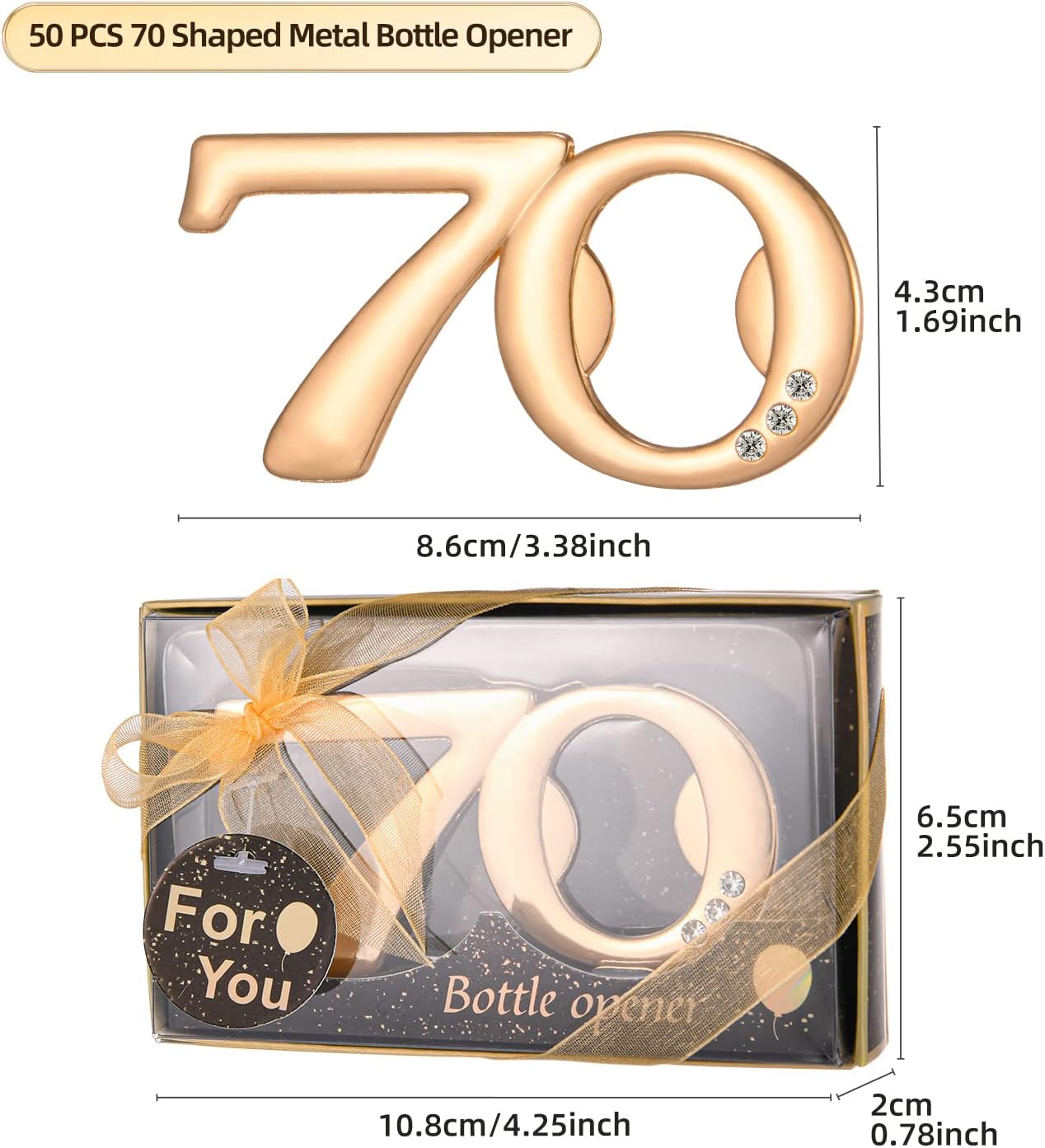 50Pieces 70 Bottle Opener Gifts for 70th Birthday Party Favors 70th Anniversary Party Return Gifts or Souvenirs for Guests , Gold and Black Theme Party Decorations (70)