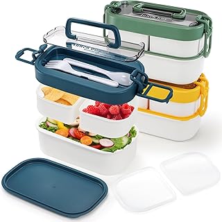 3 Pack Stackable Bento Box, Leakproof Adults Lunch Box with Spoon Fork, Portable 3 Compartments Food Storage Snack Containers with Handle for Dinner out Work Picnic, Microwave Safe