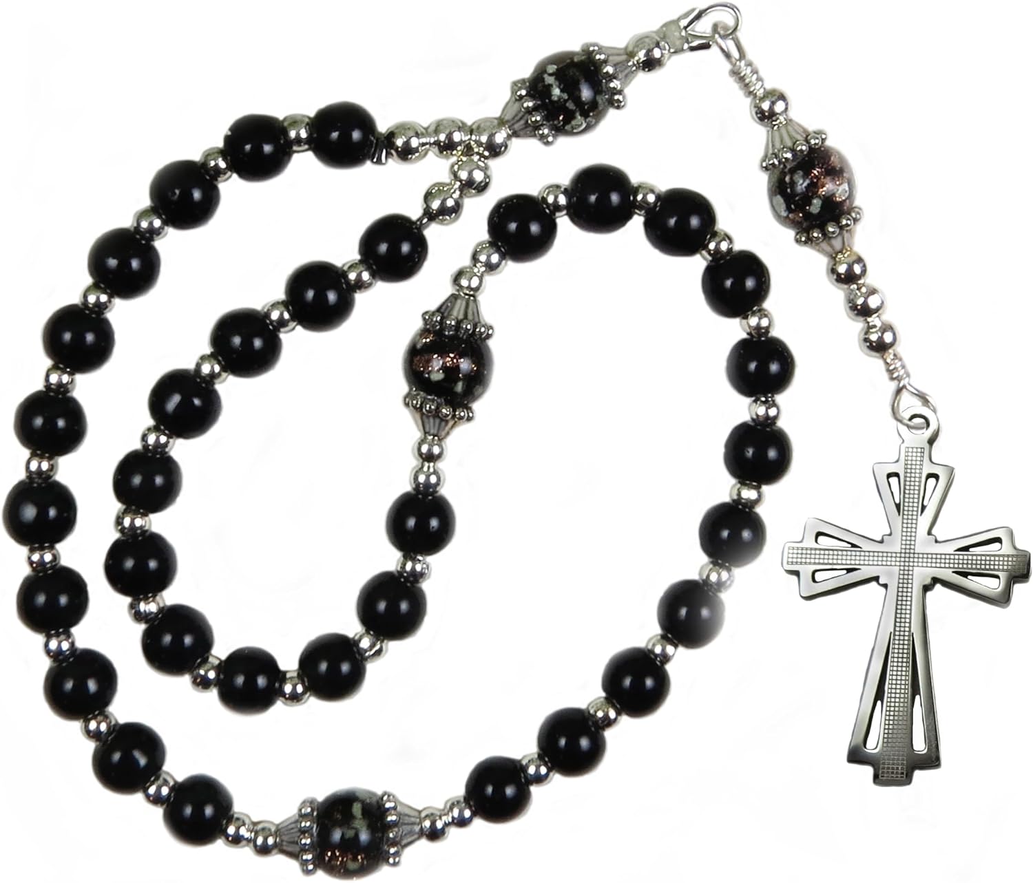 Handmade Orthodox Rosary, Greek Chotki, Black Shell Pearls and Stainless Steel Silver Tone Cross
