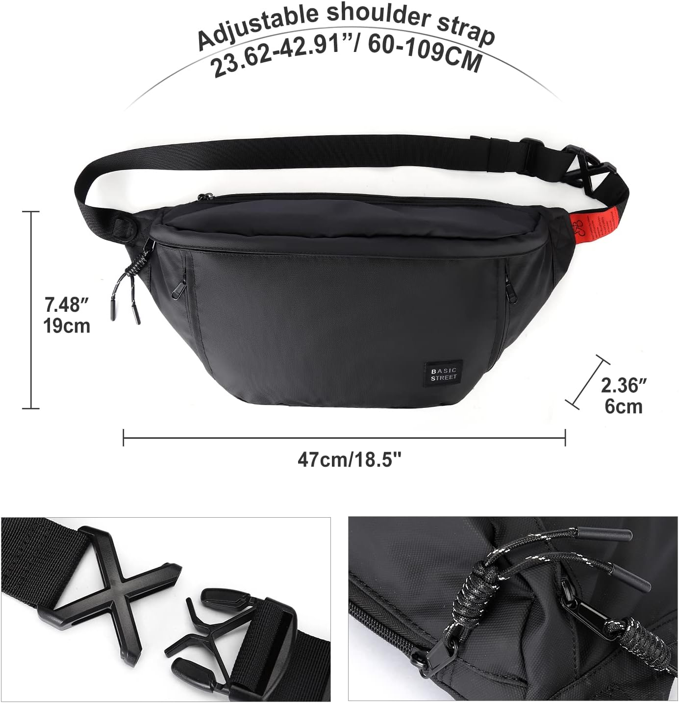 Large Crossbody Fanny Pack for Women Men,Water Resistant Waist Bag Pack with Adjustable Strap & 5-Zipper Pockets,Black - Image 2