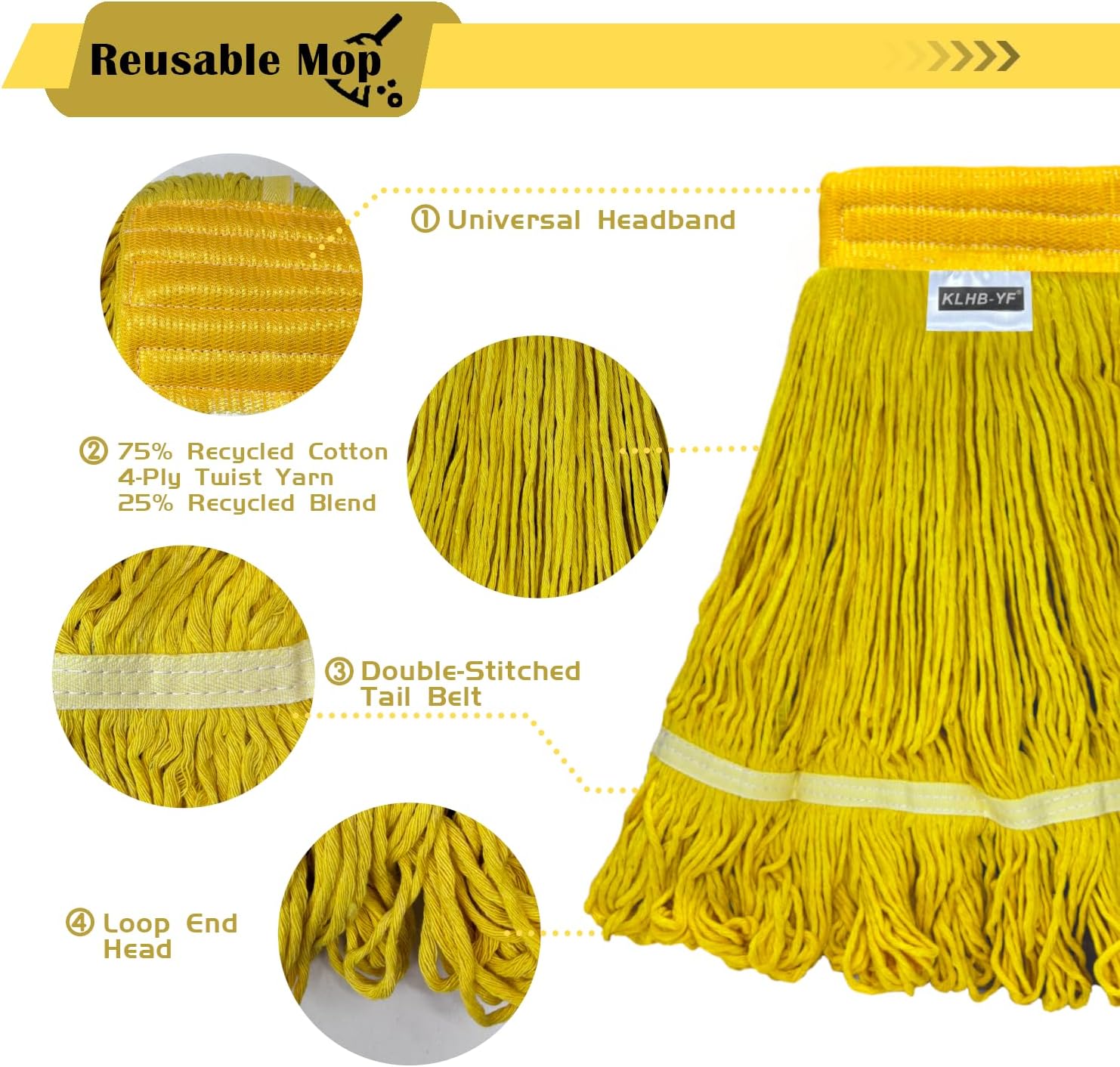 Heavy Duty Wet Industrial Cleaning Mop Head – 21 oz Yellow mop Head Replacement Cotton Washable Industrial mop Heads Heavy Duty for Commercial & Home Cleaning（Yellow）