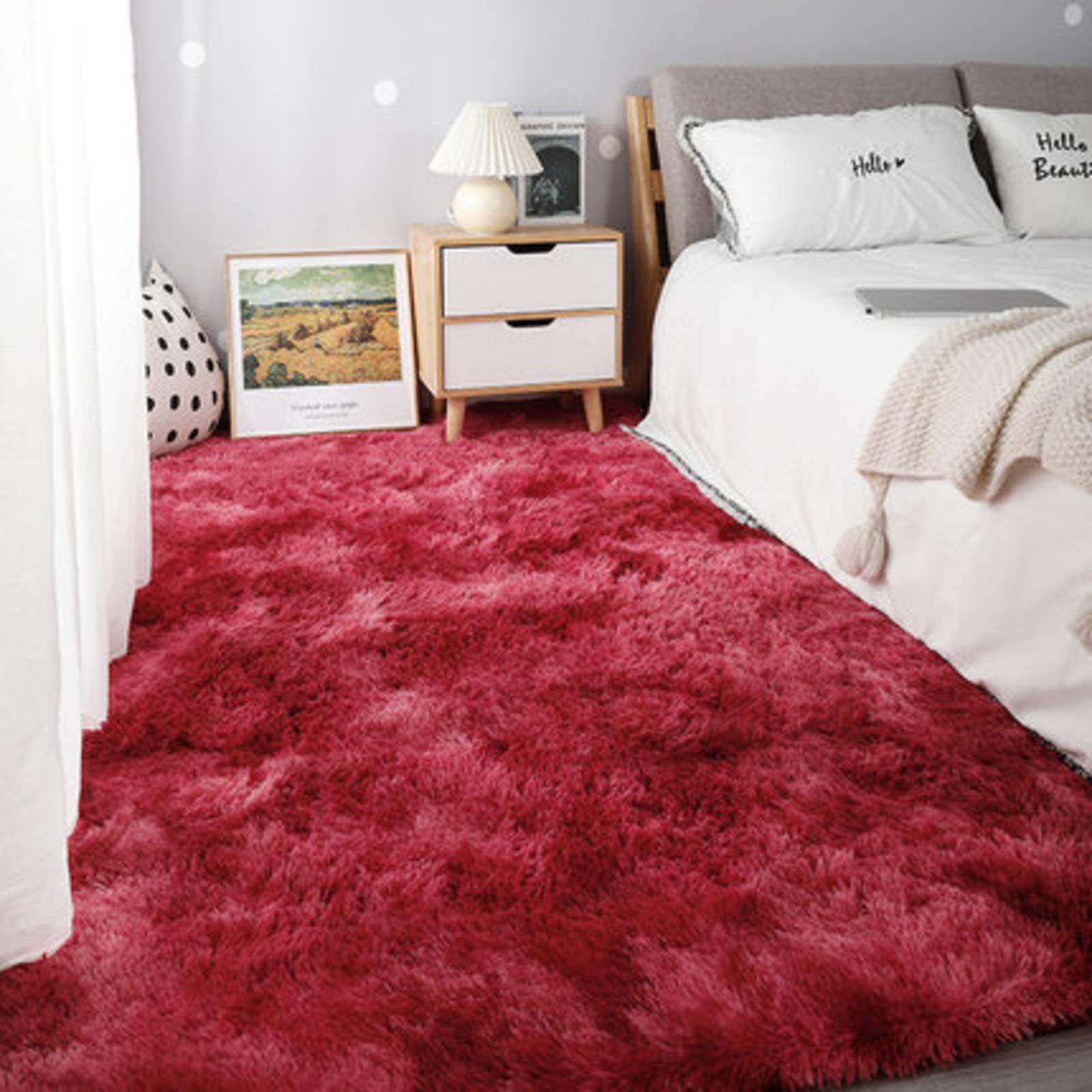 Tapis salon rouge vin 200x200 cm, grand tapis de chambre doux et moderne poil long