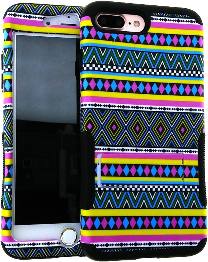 Iphone 7 Plus Case, Impact Rugged Hard Cover, Silicone Rubber Soft Skin with Kickstand (Black Tribal Design)
