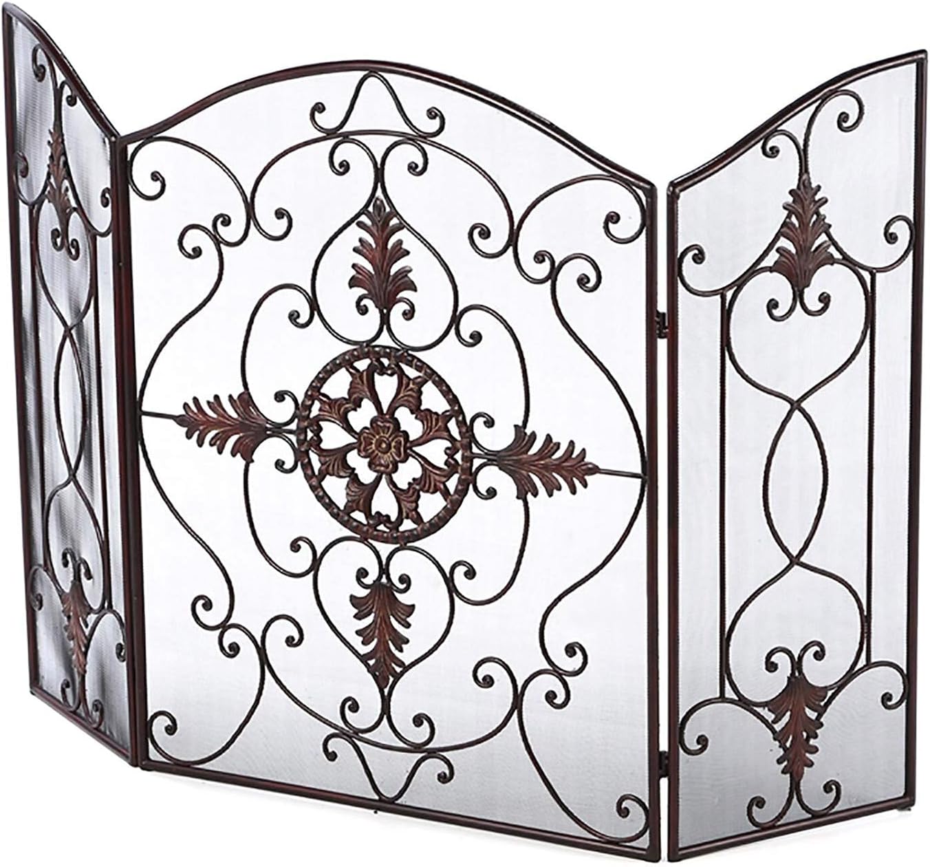 Fireplace Screens 49 inch Wide Arched Spark Guard Large Wrought Iron Fire Place Screen 3 Panels Metal Mesh Cover Surround Safety Screens Retro Black