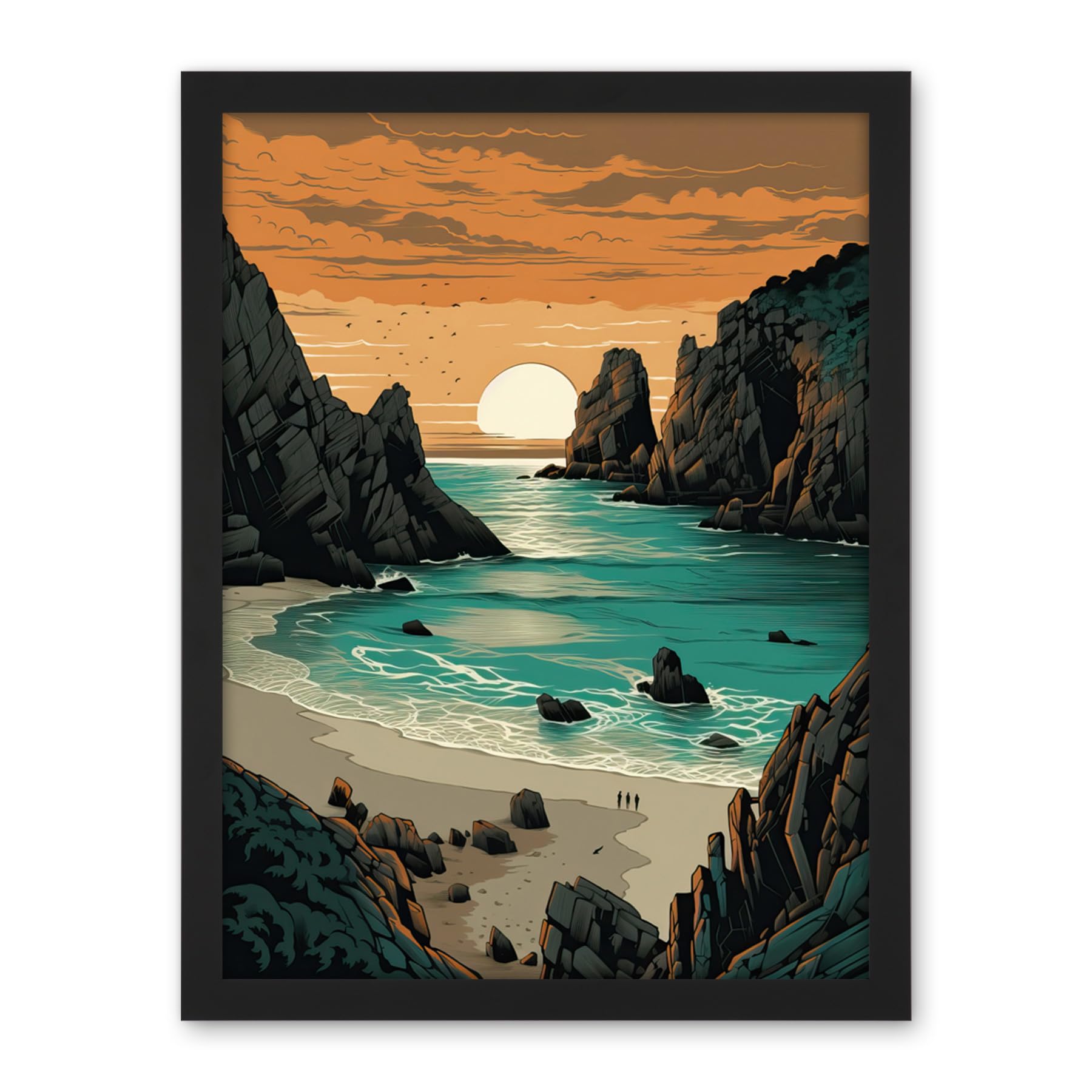 Artery8 Porthcurno Beach Sunrise Coastal Landscape Artwork Framed Wall Art Print 18X24 Inch