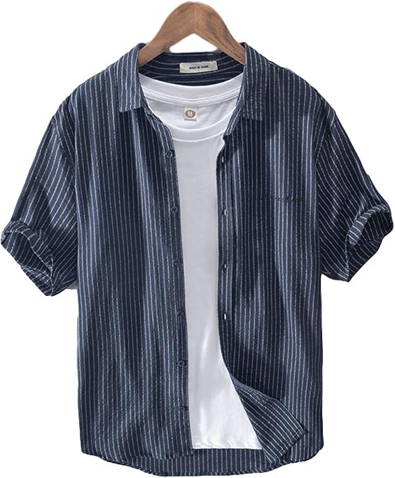 Men's ShortSleeved Shirt Retro Vertical Stripe Regular Fit Cotton