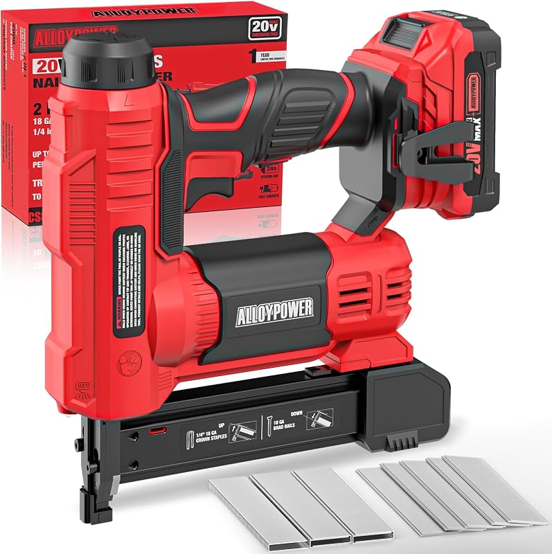 ALLOYPOWER 18 Gauge Nail Gun Battery Powered, 2 in 1 Cordless Brad Nailer/Electric Stapler with 2.0Ah Battery and Charger,1000pcs Nails and 500pcs Staples Included for Home Improvement & Woodworking