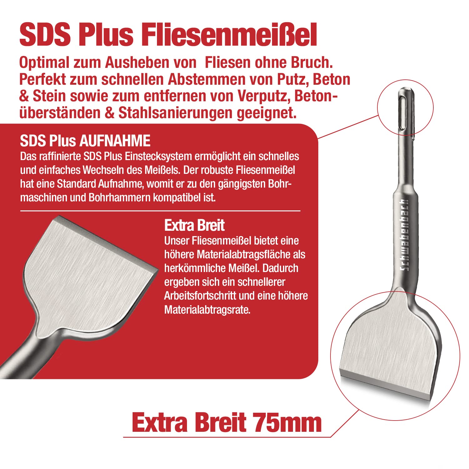 SCHWABENBACH® Cincel para Azulejos SDS PLUS 75 x 165mm – Acodado 30° para Retirar Baldosas y Revoque – Cincel Ancho de Acero CrV Extra Robusto compatible con Bosch, Makita, Hilti, Einhell