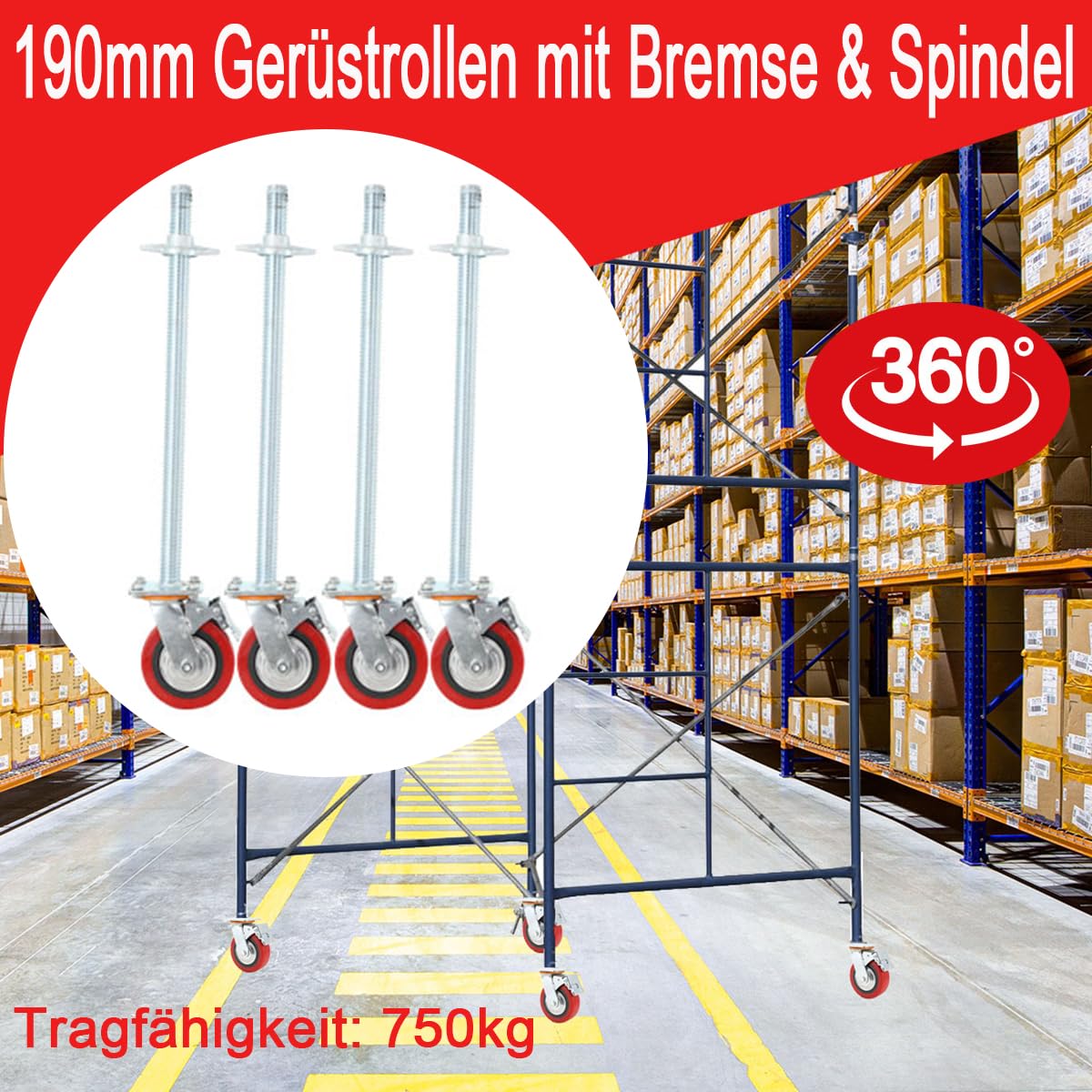 4 Stück Gerüstrollen 190 mm Stahlspindel Gerüsträder mit Bremsem | 360° Drehbar, 750kg Tragfähigkeit, Spindelrollen Gerüst Schwerlastrollen Räder, für Arbeitsgerüste Transportrollen Lenkrollen