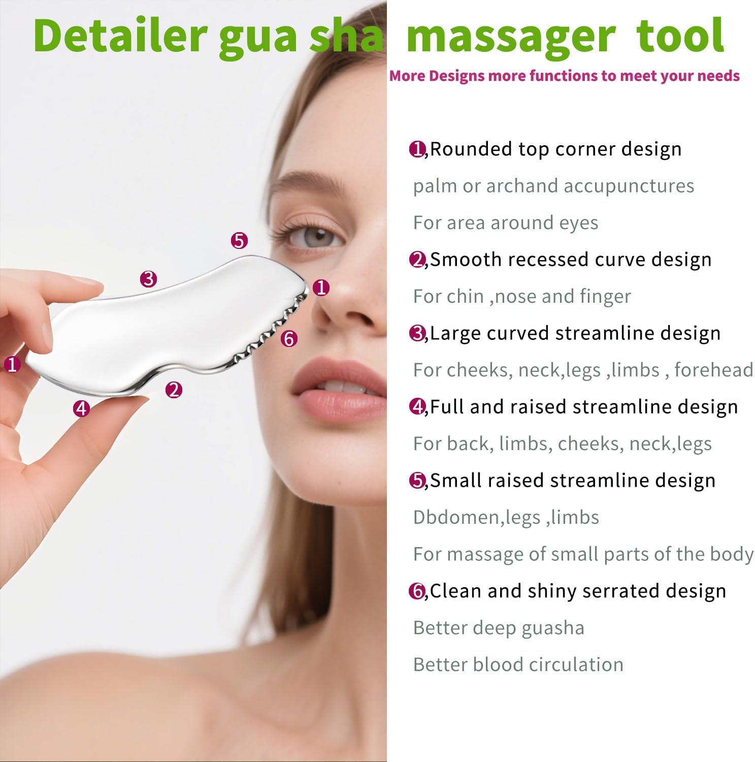 3-in-1 Stainless Steel Facial Massage Set, Face Roller, Gua Sha Tool, Eye Cream Applicator, Silver,Gifts for Women and Girl - Image 3