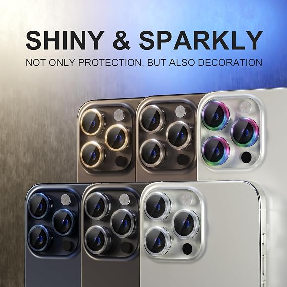 Choiche iPhone 15 Pro/iPhone 15 Pro Max Kamera Lens Koruyucu, 9H Temperli Cam Kamera Kapağı Ekran Koruyucu Metal Halka Dekorasyon Aksesuarları (Mavi)