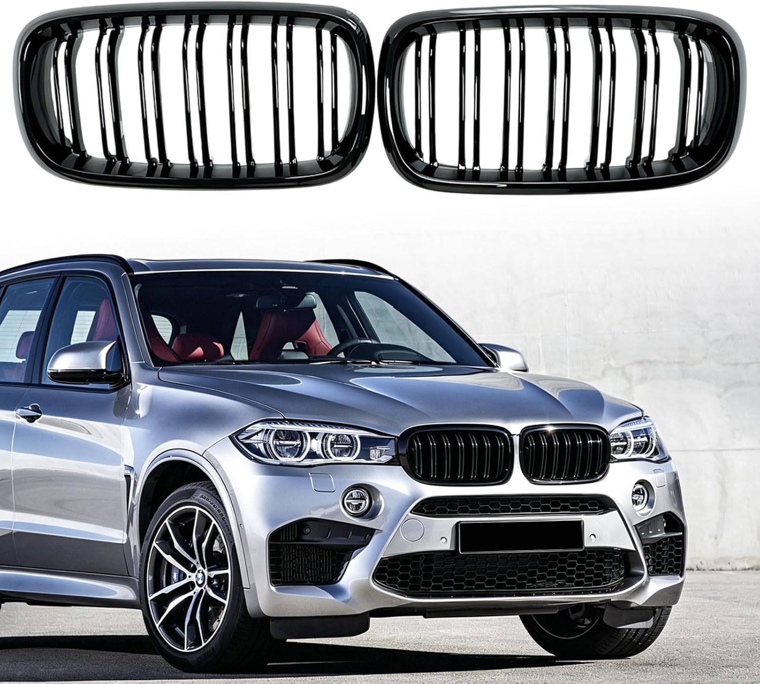 Car Front Kidney Grille for 2014 2015 2016 2017 2018 BMW X5 F15 / X6 F16 / X5M F85 / X6M F86 Hood Bumper Grille Replacement,Gloss Black Double Slats ABS Upper Grill