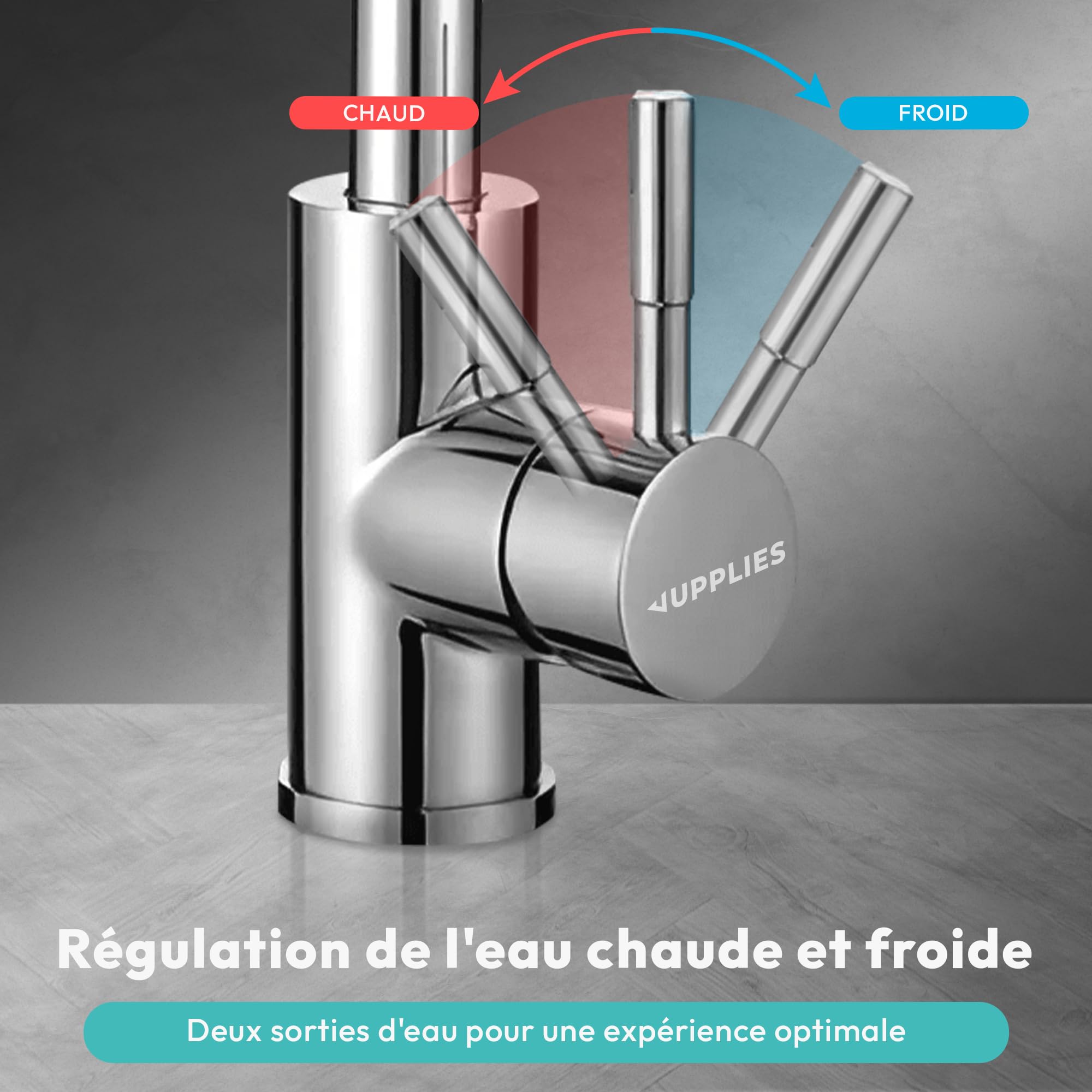 JUPPLIES Robinet de Cuisine avec Douchette Extractible | Mitigeur Cuisine Pivotant 360° | Acier Inoxydable | 2 Jets | Installation Facile