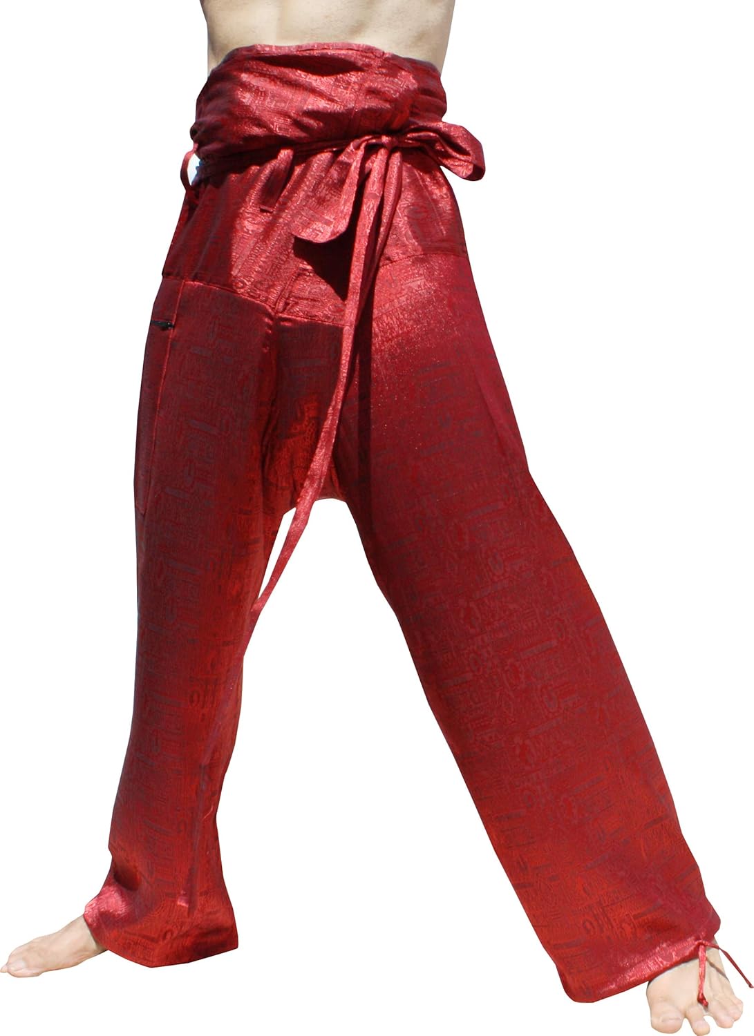 RaanPahMuang Premium Siams Silk Fisherman Wrap Pants Full Featured Unique Design, S/M, Textured Silk - Red