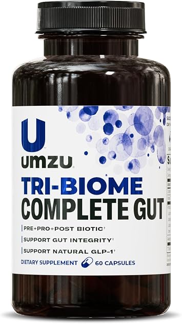 UMZU Tri-Biome Complete, 30 Day Supply 3 in 1 Probiotic Prebiotic Postbiotic Capsules with Akkermansia and CoreBiome Probiotic for Adults, Gut Balance, Stomach Probiotics and Complete Gut Health