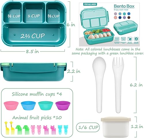 Miniatura 2 de QQKO Lonchera Bento para niños y adultos, lonchera escolar para niños y niñas, contenedores con 4 compartimentos, contenedor de salsa, utensilios,