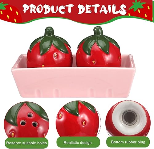 Miniatura 3 de Juego de 3 saleros y pimenteros de fresa, bonitos saleros y pimenteros con bandeja rosa, divertidos recipientes de cerámica para almacenamiento de