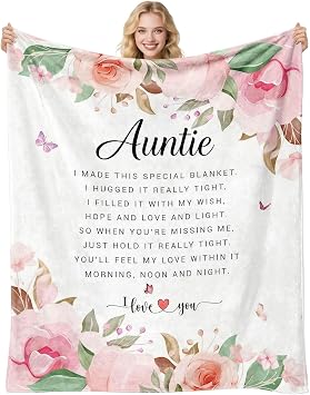 Gifts for Auntie, 50" x 60" Flannel Throw Blanket, Auntie Gifts from Grandchildren, Unique Design Blanket for Auntie on Birthday, Cozy Floral Print Flannel Throw Blankets
