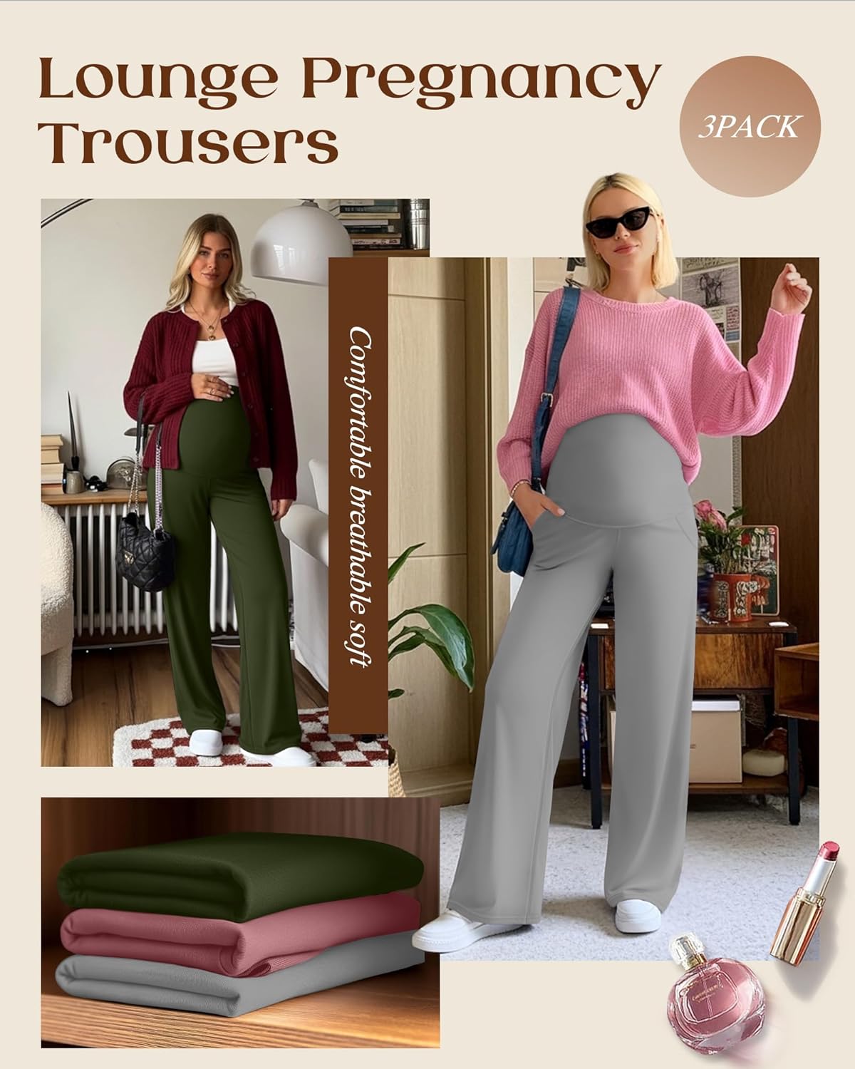 3 Pack Women's Maternity Yoga Pants Over The Belly Pregnancy Pants Wide Leg Lounge Trousers with Pockets - Image 3