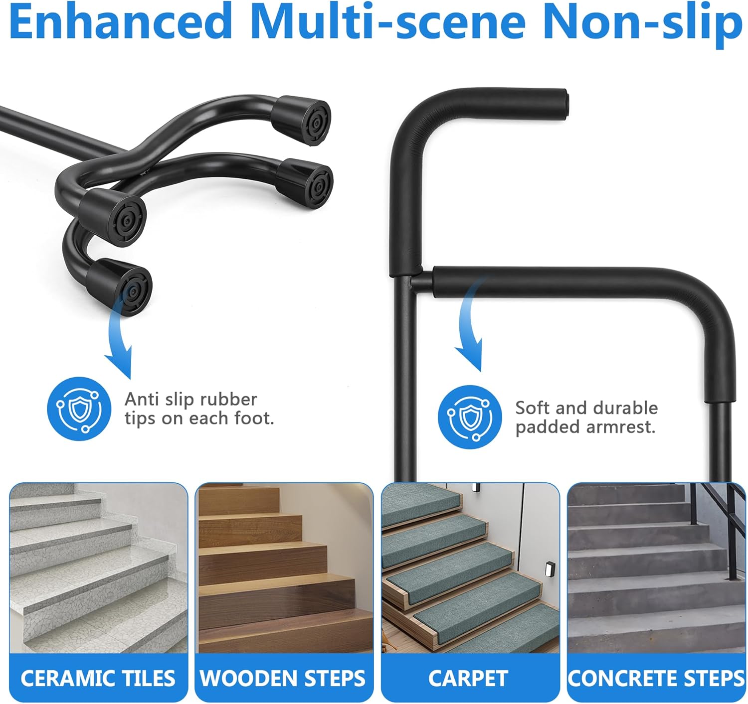 Stair Assist & Climbing Cane, 13-Level Adjustable with 8-Cylindrical Rubber Foot Pads & Ergonomic Handle, Carbon Steel Helper for Mobility Aids Users (Fits Stairs & Flat Surfaces)