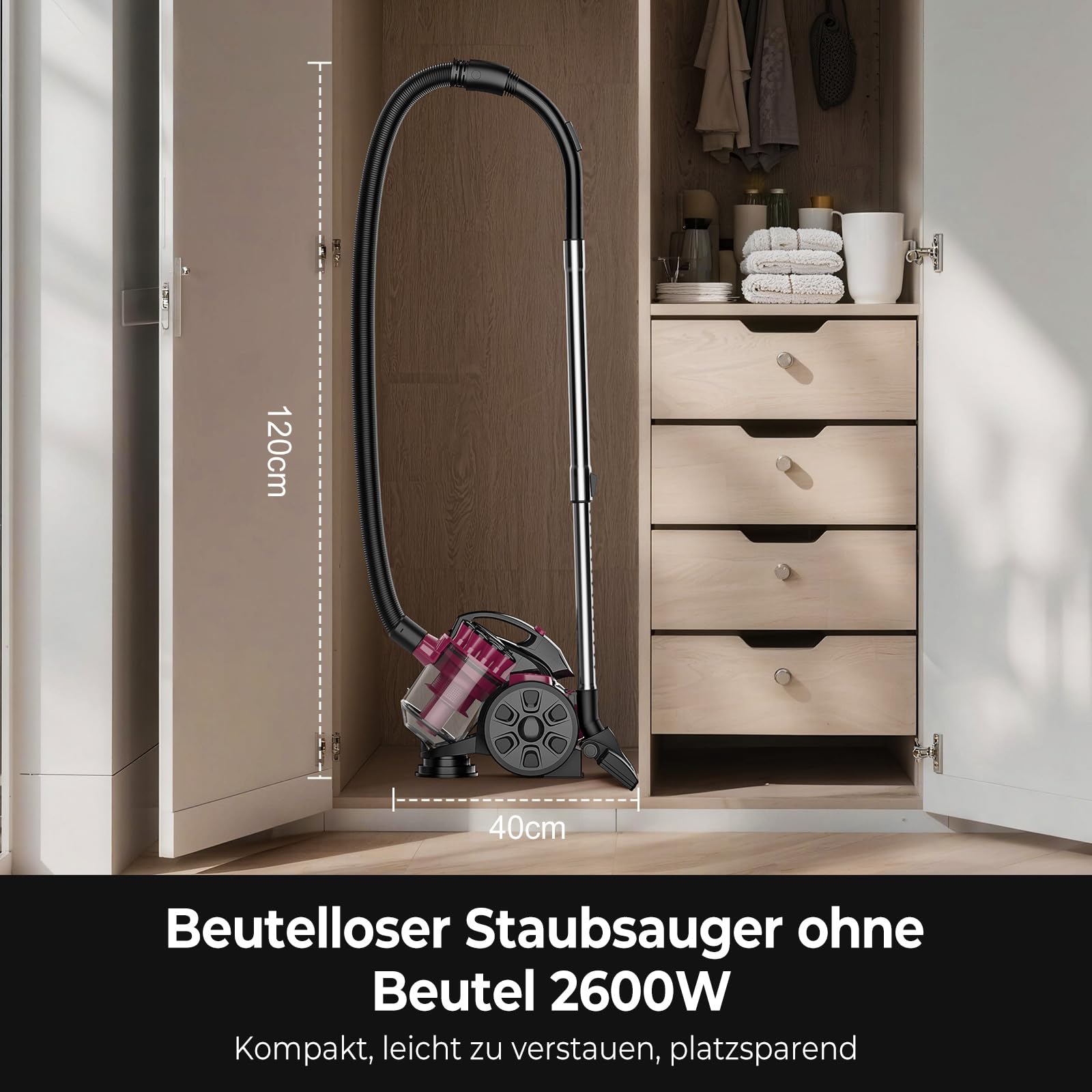 Beutelloser Staubsauger ohne Beutel, 2600W Staubsauger Beutellos, Staubsaugers Starke Saugleistung 21kPa, Leistungsstarker Staubsaugers 1,5L, mit 5m Kabel, für Teppiche, Harte Böden, Tierhaare (A)