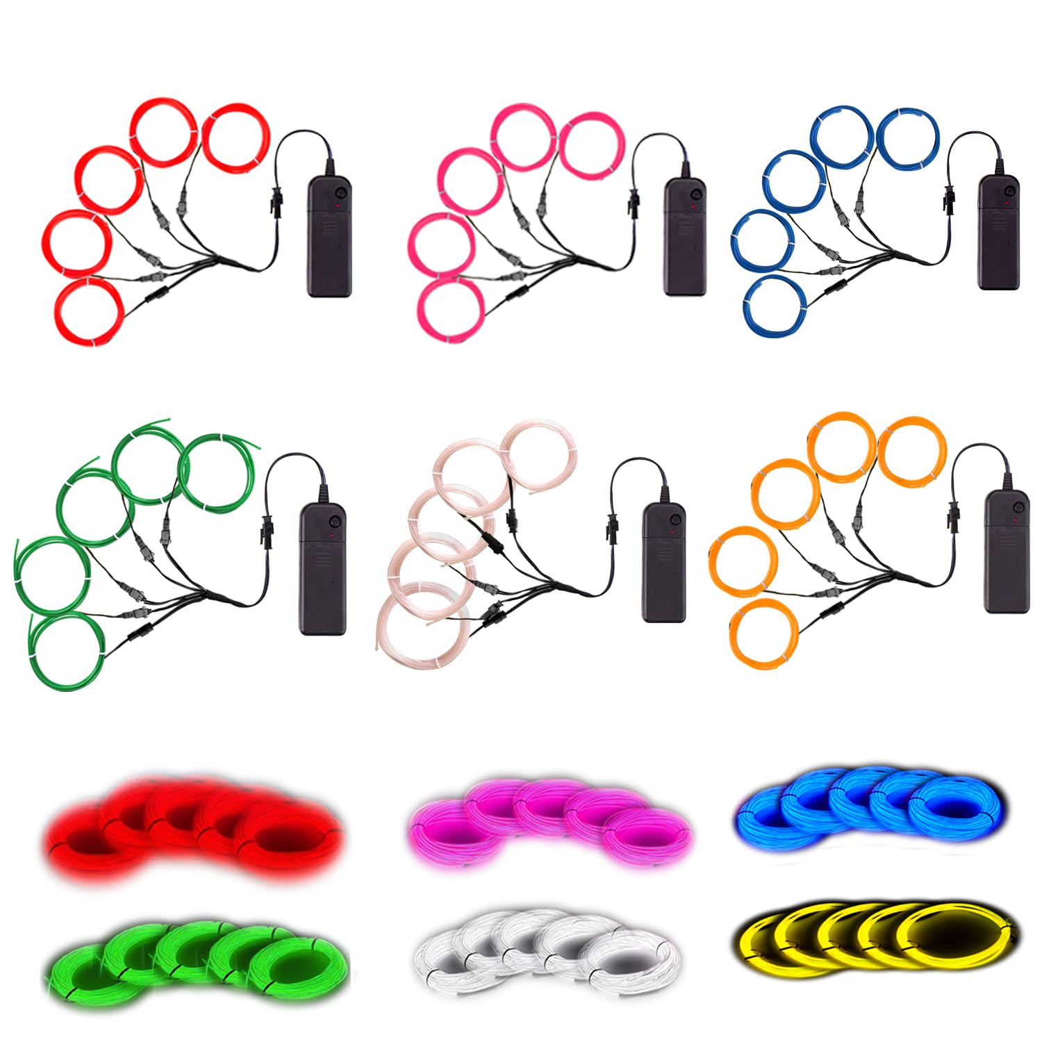Portable Neon Lights EL Wire 5-in-1 Meter, Electroluminescent Wire for Halloween Decorations, Christmas Parties, DIY Decorations, and More (6 Packs of 5-in-1M).