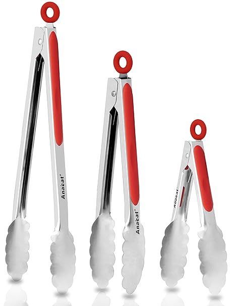 Anaeat Premium Sturdy Barbecue Tongs for Kitchen Grill & BBQ - 7,9,12 Inch Non-Slip Stainless Steel Locking Tongs Heat Resistant for Grilling, Cooking-Set of 3