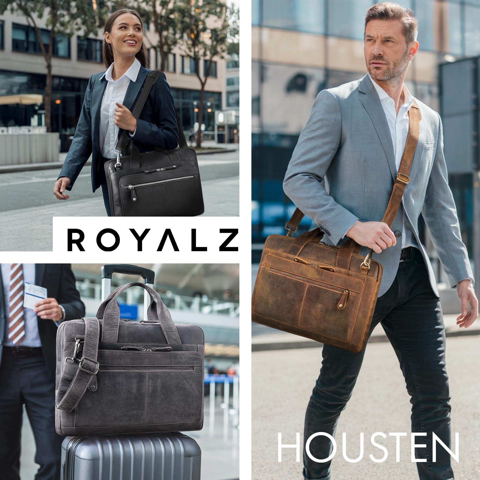 ROYALZ "Houston flache Leder Umhängetasche Herren Damen Mittel-groß - moderne Vintage Ledertasche 14-15 Zoll Laptoptasche Echtleder Business Aktentasche Büro Freizeit