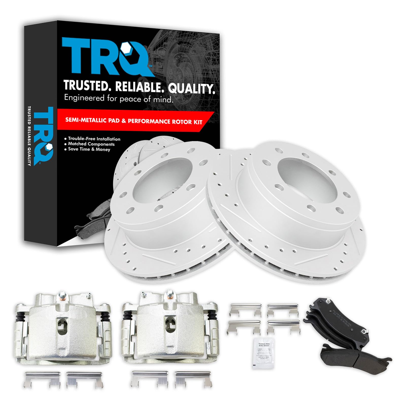 TRQ Performance Rear Brake Calipers Ceramic Pads Drilled Rotors Compatible with Avalanche Suburban Yukon