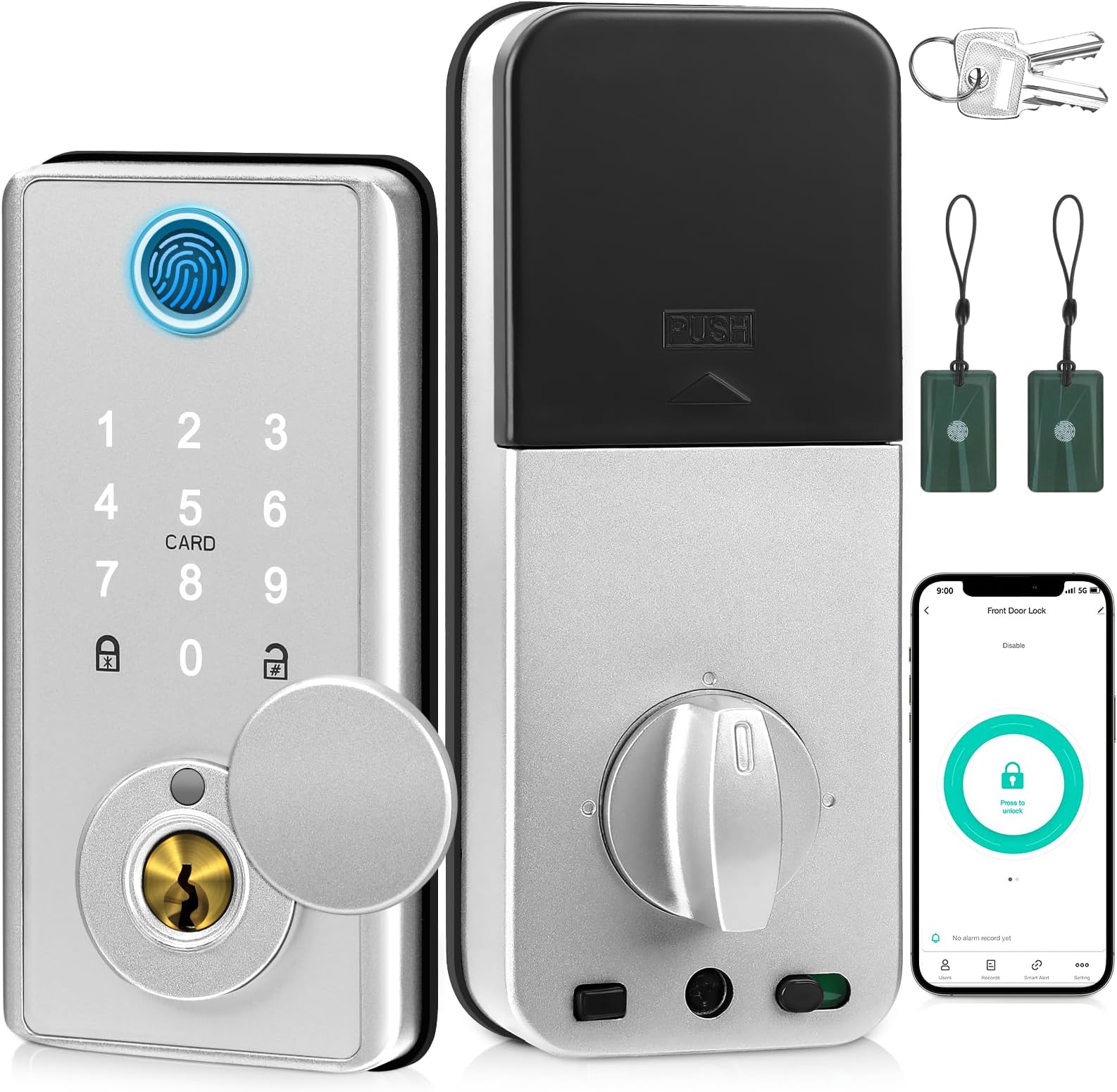 Smart Locks for Front Door, 5-in-1 Keyless Entry Door Lock, Fingerprint Door Lock with APP Control, Touchscreen Keypad Deadbolt, Electronic Door Lock with Auto Lock, Easy Installation, Silver