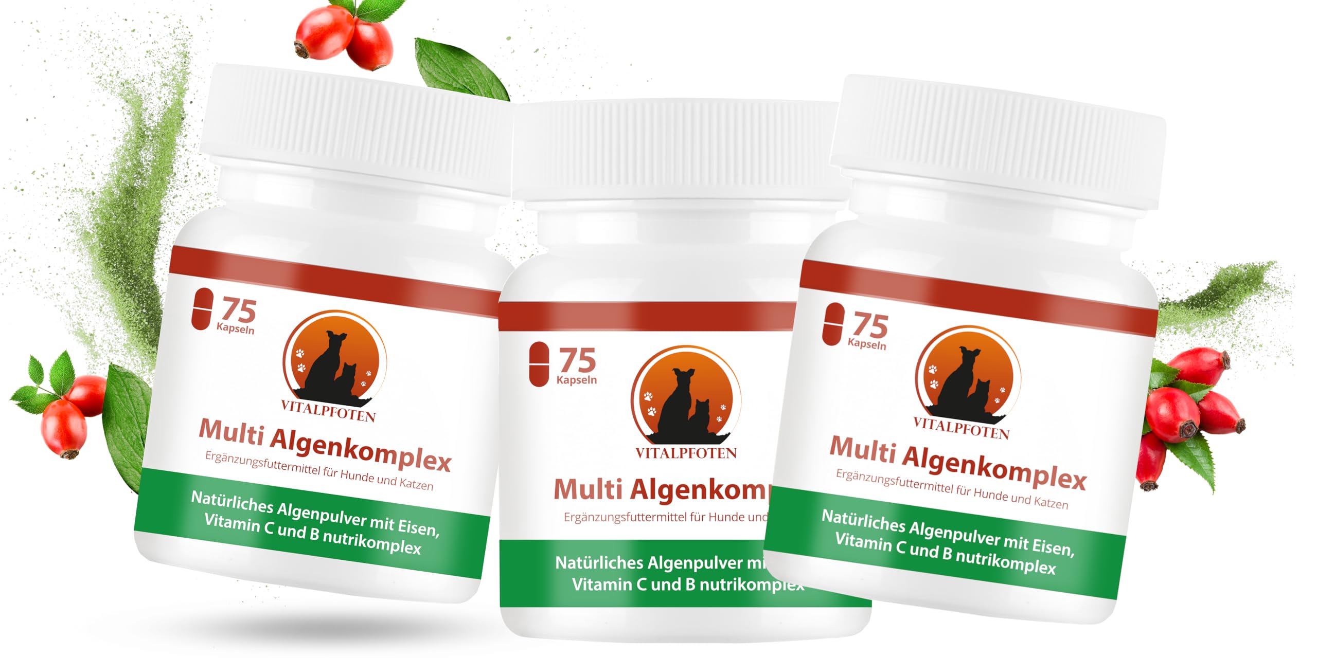 3x75 Multi Algenkomplex Kapseln für Hunde und Katzen mit Chlorella, Spirulina, Grünlippmuschel, Eisen, Vitamin C & Vitamin B nutrikomplex - Energie & Nerven - Vitamin-B und Eisentabletten