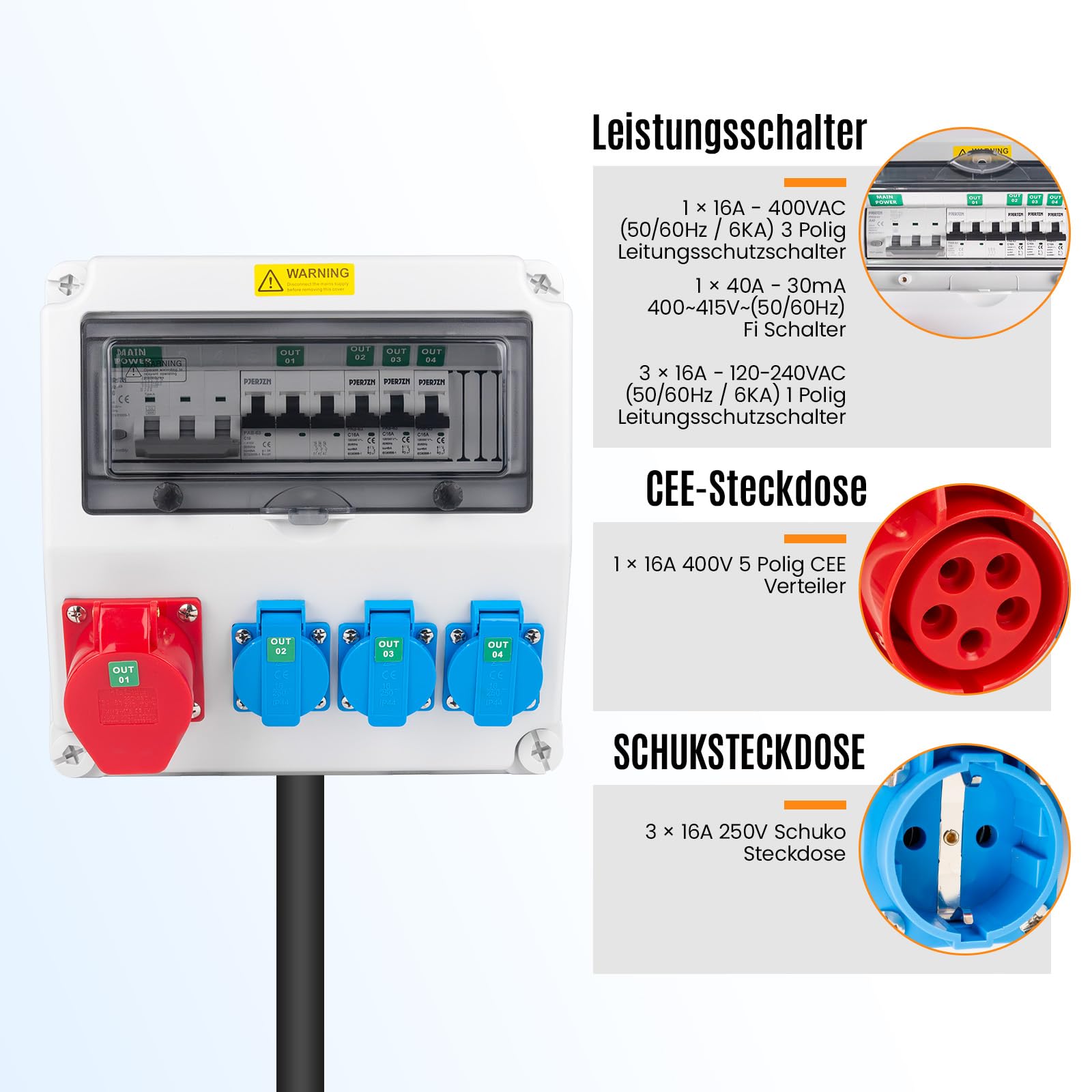 Baustromverteiler mit FI/LS RCBO Typ A 40A 30mA, Wandverteiler mit 16A CEE Steckdose,IP44 Starkstrom Verteiler für Baustelle und Werkstatt(3×16A 1P LS + 1×16A 3P LS+ 40A RCBO)