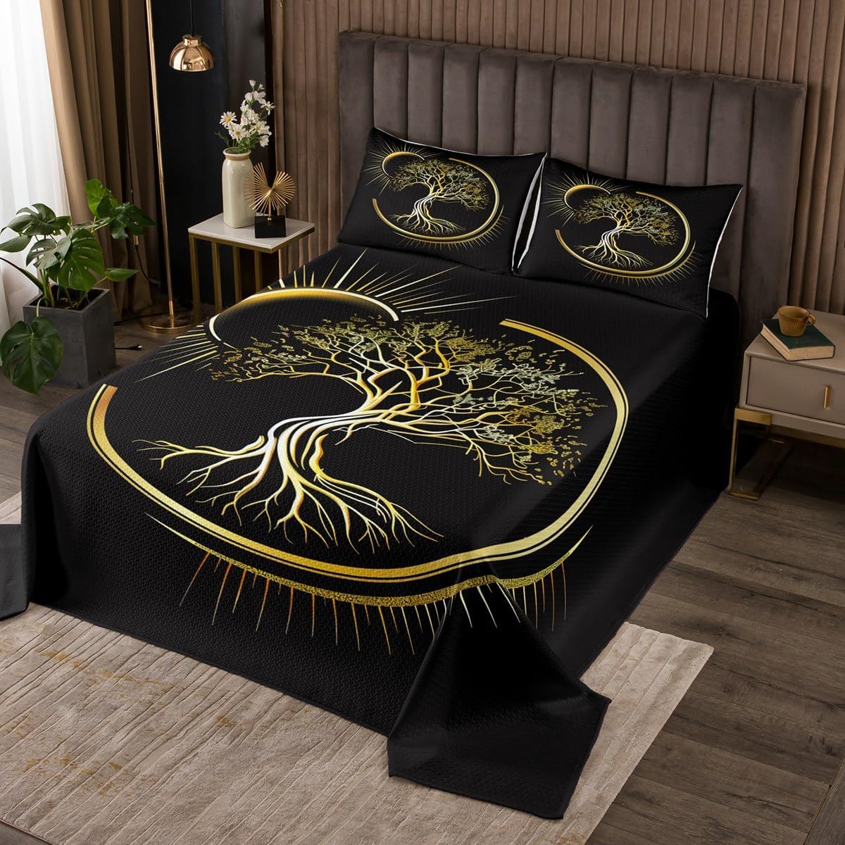 Sun Moon Bedspread Twin Size,Abstract Boho Trees Bedding Quilt 2pcs for Kids Teens Boys Bedroom Decor,Gold Glitter Plants Comforter Set Black Vintage Exotic Coverlet Set with 1 Pillowcase
