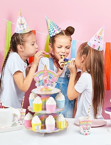 Miniatura 7 de Soporte de unicornio para cupcakes, decoraciones de fiesta de cumpleaños de unicornio para niñas y niños, soporte de cartón de 3 niveles para
