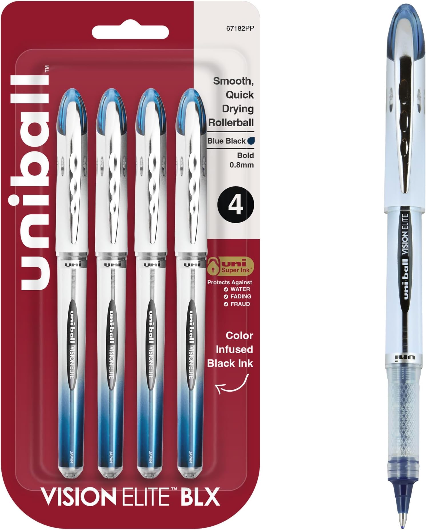 uniball Vision Elite BLX Rollerball Pens, Bold Point (0.8mm), Blue BLX Ink, 4 Pack